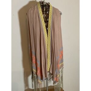 DejaVu Mauve Pink Embroidered Fringe Kimono Vest Boho Sleeveless Cardigan M